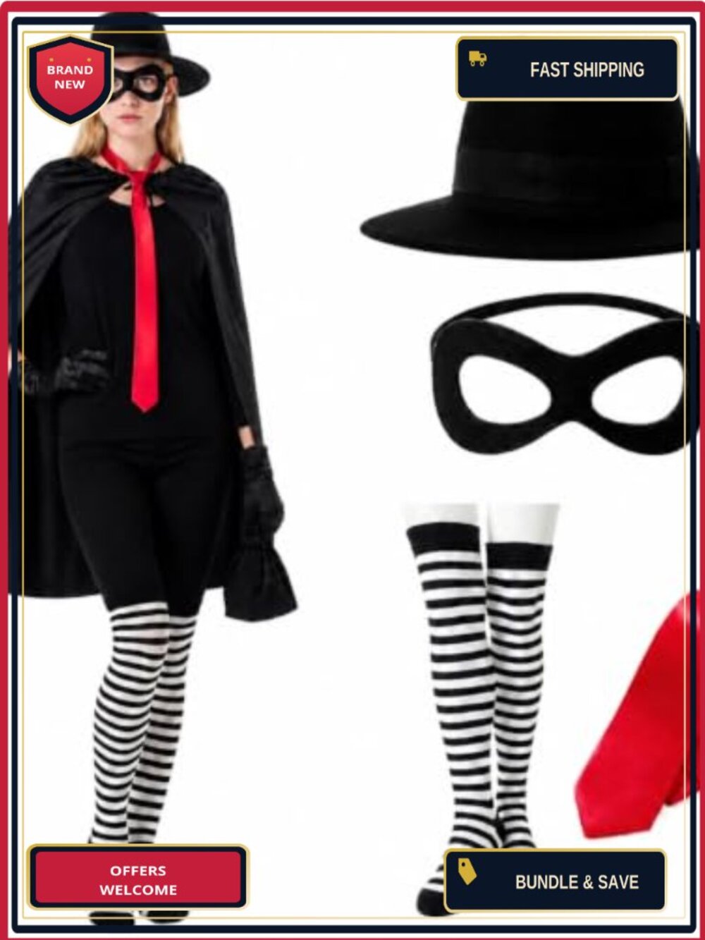 5 Pc Women's Halloween Burglar Costume Cape Hat Mask Socks Tie Set